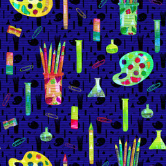 Seamless pattern with school items, pen, paper clips and flasks. Back to school watercolor illustration
