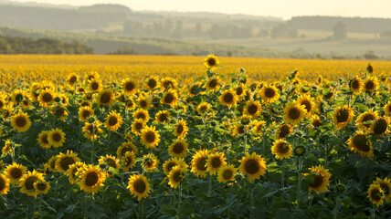 The beauty of the sunflower plantation, a large yellow heliotropic flower, rotates the stem towards the sun