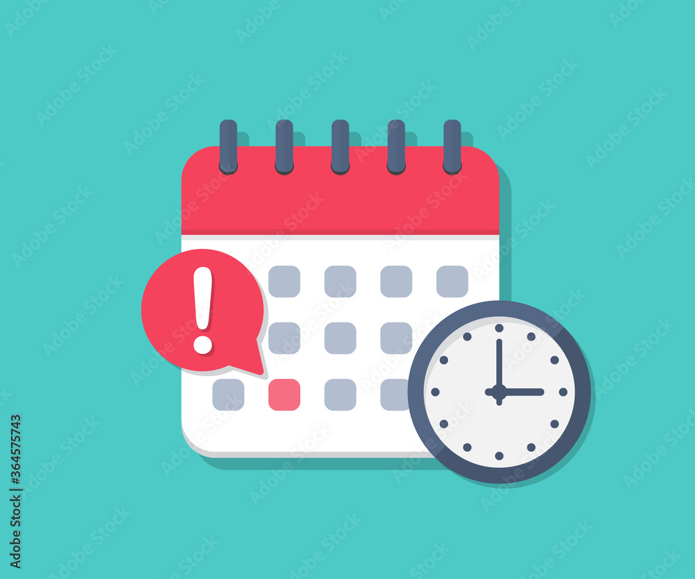 Poster calendar deadline with clock in a flat design