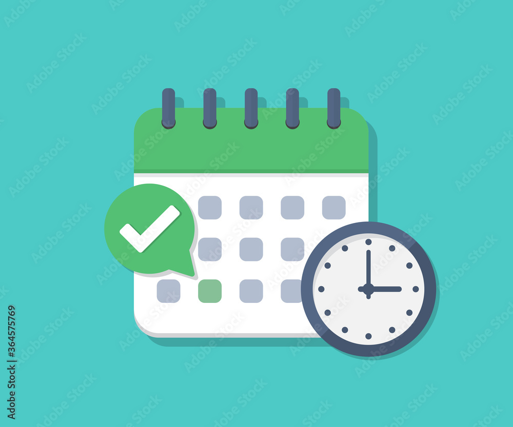 Aufkleber calendar deadline with check and clock in a flat design