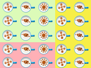 Obraz premium Seamless pattern with decorated coffee cup, flat lay, top view, colorful background. Conceptual image of coffee mugs lined up in straight rows with their handles facing the same direction.