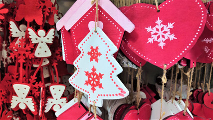 Merry christmas, cute festive decoration close up, beautiful toys for new year