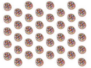 Brigadeiro, a traditional Brazilian chocolate candy. Continuous repeat pattern over colored background.