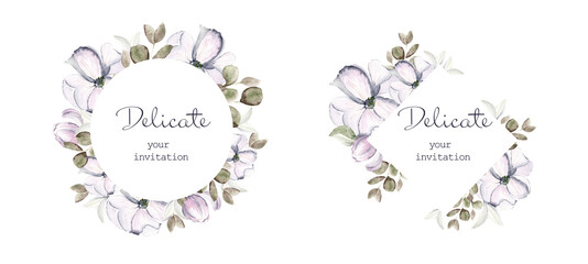 Set of watercolor floral frame with roses, leaves, branches, herbs isolated on a white background. Floral greeting card or invitation. Floral wedding frame