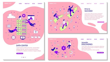 Three different business template designs with copyspace for text with diverse people in a data centre, ambition and success and scientific discoveries, colored vector illustration