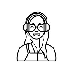 diversity people concept, young woman with round glasses and headphones, line style