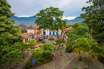 Medellín, Antioquia / Colombia. June 06, 2019. The charming Spanish town of Paisa, founded in 1978, crowns Cerro Nutibara, 80m (262 ft) a natural monument named for the legendary cacique Nuibara.