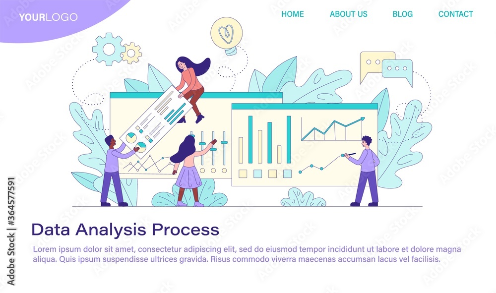 Poster data analysis process showing a diverse business team working with statistical graphs and charts, co