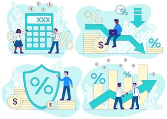 Credit concept with 4 different financial and business scenes showing percentages, statistical performance and calculations and accountancy, colored vector illustration