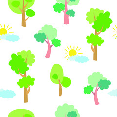 Seamless vector pattern of children's drawing. House, clouds, trees. Line vector drawing. Drawn by a child. Suitable for children's room decoration, fabric, decor. Doodle style.