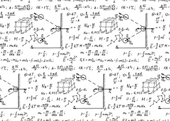 Physics seamless pattern with the equations, figures, outlines, formulas and other calculations on whiteboard. Retro scientific and education handwritten vector Illustration.