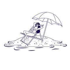 young woman relaxing on the beach seated in chair and umbrella