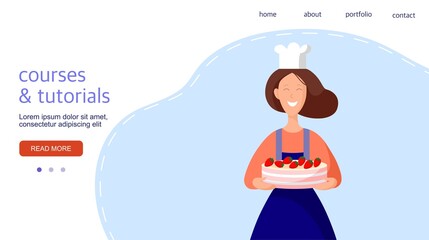 Young woman with a cake. Template for landing page