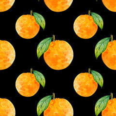 Simple watercolor pattern of juicy orange on black background