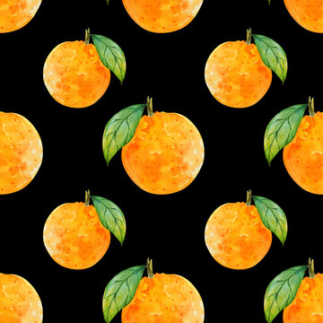 Simple watercolor pattern of juicy orange on black background
