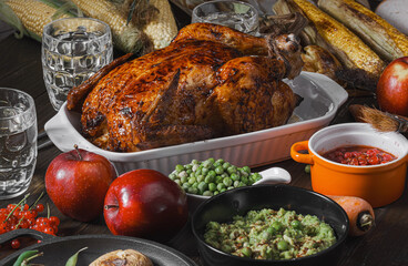 baked chicken and baked corn. family dinner table. baked chicken and vegetables with glasses of cider. delicious rustic dinner