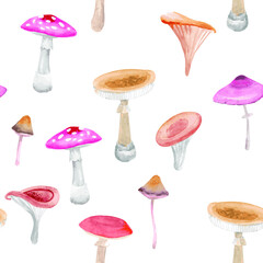 Mushrooms. Hand drawn watercolor painting on white background. Vector pattern - 364578326