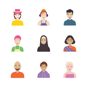 hindu woman and diversity people icon set, flat style