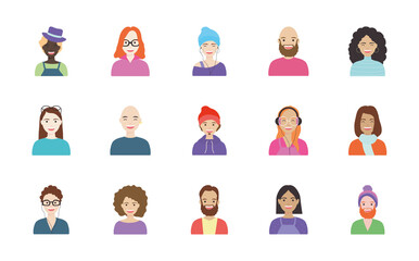 bald man and diversity people icon set, flat style