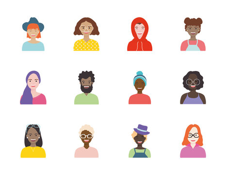 afro women and diversity people icon set, flat style