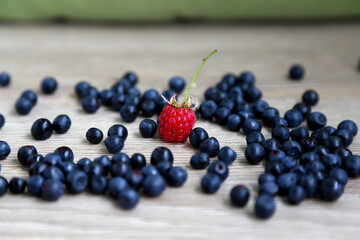 scattered ripe, large blueberries around, raspberries. Dark gray and green background, close up