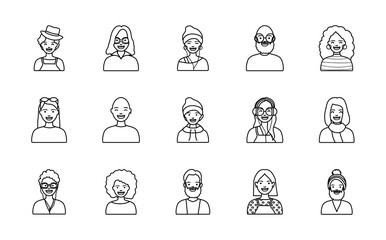 bald man and diversity people icon set, line style