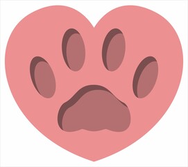 Imprint of a cat's foot on a pot-bellied pink heart. Volumetric concave cat track. The kitten was selling a heart. Vector flat design