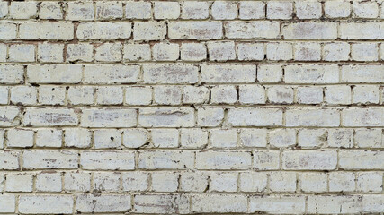 Full frame image of the shabby painted light brick wall. High resolution texture (16:9 format) of the old brickwork for 3d model, background, wallpaper, poster or collage