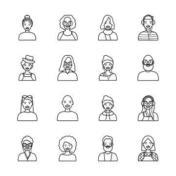 young diversity people icon set, line style