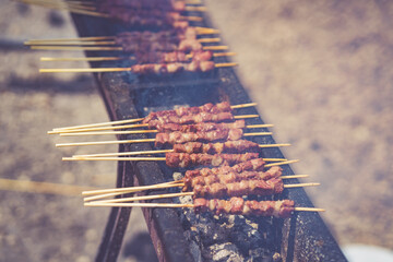 Arrosticini from Abruzzo. Adult sheep meat castrated on embers. typical abruzzo food recipe. Italian food