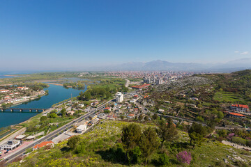 Fototapeta na wymiar Aerial view over the city of Shkoder, known also as Shkoder, in Albania
