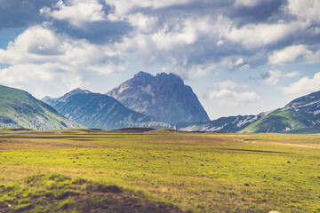 The Gran Sasso mountain seen from the Campo Imperatore plateau, near the astronomical observatory, l'aquila town, Abruzzo region, Italy