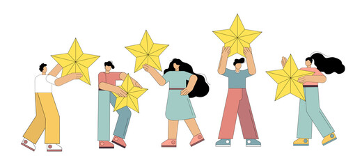 Give rating, review, support, star, points, success, satisfaction. Flat people hold stars in their hands Vector illustration