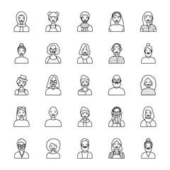 cartoon men and diversity people icon set, line style