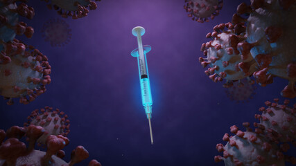 Vaccine injection for prefevention, immunisation and treatment from corona virus (coronavirus, COVID-19, nCoV 2019), surrounded with viruses, 3d illustration.