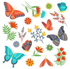 Large collection of butterflies and garden flowers isolated on white in a colorful background pattern or for design elements, colored vector illustration