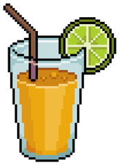 Pixel Art Fruit juice with lemon and straw. 8-bit game item