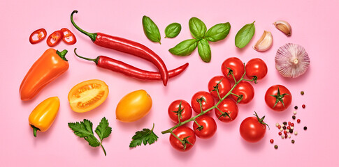 Tomato, basil, spices, bell chili pepper, garlic. Vegan diet food, creative composition on pink. Fresh basil, herb, cherry tomatoes layout, cooking sauce colorful concept, top view.