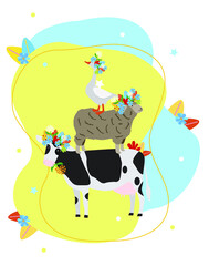 Vector illustration of a cow with flowers on the head, sheep, goose on the colorful flower background. Domestic animal illustration. Farm collection