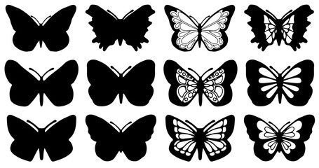 Butterflies carve, shadow and line set, Vector illustration.