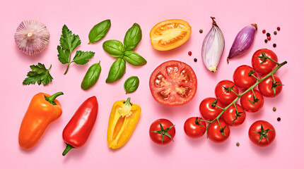 Tomato, basil, spices, bell chili pepper, garlic. Vegan diet food, creative composition on pink. Fresh basil, cherry tomatoes, bell pepper layout, cooking colorful concept, top view.