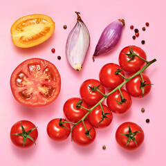 Tomato, spices, onion. Vegan diet food, creative composition on pink. Fresh cherry tomatoes layout, cooking sauce colorful concept, top view. Red yellow tomato background