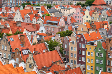 Fototapeta na wymiar Top view of Gdansk old town with reddish tiled roofs of old town in Gdansk