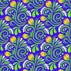 Colorful floral pattern with orange flowers and green leaves. Decorative seamless element. Vector illustration.