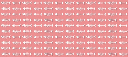 Cat pattern of fish skeletons. White fish bones on a pink background. Endless seamless vector pattern. A variety of fish bones swim to the left