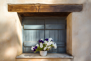 Purple and white flower pot outside the window with closed wooden blue shutters. 
