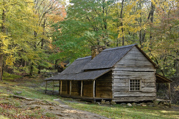 Autumn foliage and log cabin at the Noah "Bud" Ogle Place, Roaring Fork Motor Nature Trail, Great Smoky Mountains National Park, Tennessee