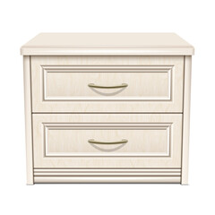 The bedside table is wooden, white with metal handles. Mockup for home interior. Isolated on a white background. Vector illustration.