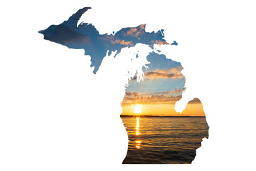 Outline of the state of Michigan with photo of Michigan lake. - obrazy, fototapety, plakaty