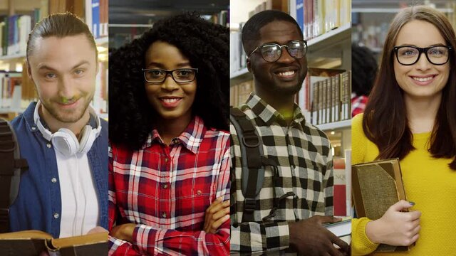 Cheerful multi-ethnic students standing in library. Collage of boys and girls smiling to camera. Handsome Caucasian guy reading book. Pretty African American girl in good mood. Student with manual